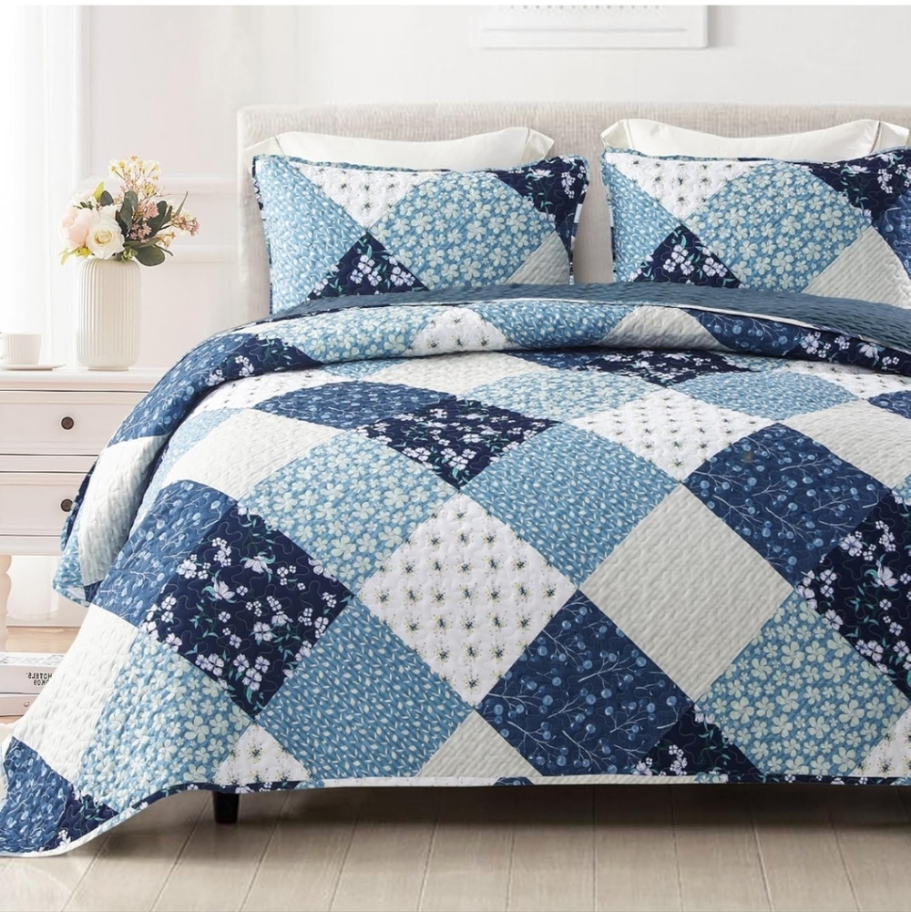 Exclusivo Mezcla Reversible Boho Quilts Twin Size, Blue Bedspreads Lightweight